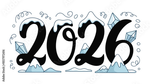 2026 Typography Design: A stylish digital art design of the number 2026, adorned with snowy mountains and crystalline accents, embodying a sense of futuristic or seasonal charm.