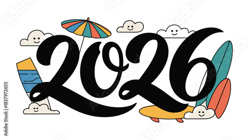 Year 2026 Beach Vacation Design: Captivating summer graphic with playful elements, inviting you to the sun-kissed shores. It celebrates the anticipation of a relaxing beach escape. 