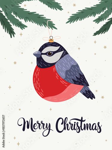 Christmas tree decoration. Bullfinch, Hand Drawn Cute Bird Vector Illustration