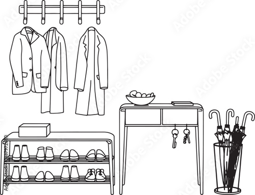 Minimalist line drawing of entryway furniture coats shoes keys umbrellas and bowl of fruit hall coat rack