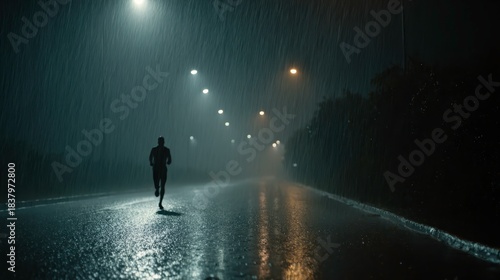 Runner Moving Along Rain-Soaked Road Under Bright Night Streetlights