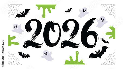 Spooky 2026: A playful and eerie Halloween-themed design featuring the year 2026, accompanied by whimsical ghosts, bats, and cobwebs, all set against a fun, vibrant backdrop.