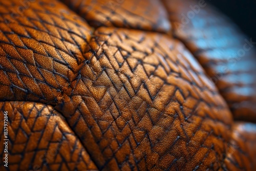 Macro shot of the worn leather texture on a brown soccer ball surface
