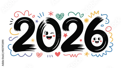 Joyful 2026: A playful and vibrant illustration of the year 2026, depicted with whimsical character and doodle elements, evoking a sense of joy and anticipation.