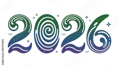 The year 2026: A captivating artistic rendition of the year 2026, where fluid, wave-like forms intertwine, each digit carrying its own unique character and charm.