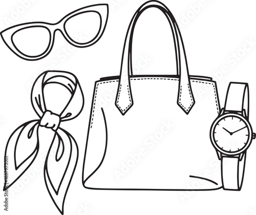 Minimalist line drawing of handbag scarf sunglasses and wristwatch accessory