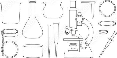 Minimalist line drawing of laboratory equipment including microscope beakers and flasks science research