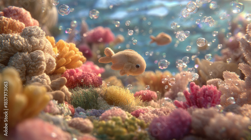 Fototapeta Naklejka Na Ścianę i Meble -  Cute cartoon fish swimming among colorful coral and bubbles