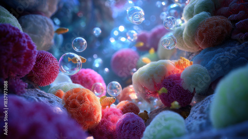 Fototapeta Naklejka Na Ścianę i Meble -  Underwater coral reef scene with colorful coral and small fish swimming around