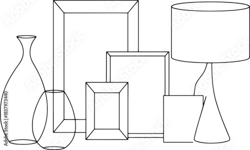 Minimalist line drawing of vases and a table lamp on white background illustration