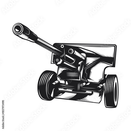 Vintage artillery cannon illustration, military weapon on wheels isolated on white background, Vector