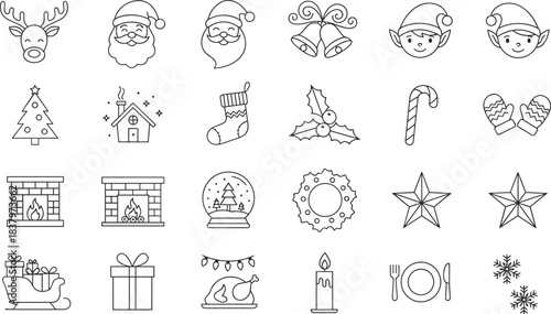 Christmas winter icons, Santa, reindeer, elf, fireplace, snowflake, festive symbols, cad drawing flat vector illustration