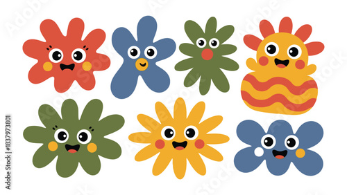 Cute Cartoon Flowers: Cheerful cartoon flowers, bursting with personality, smile brightly. A delightful collection of playful and charming floral characters, ready to add a touch of whimsy.