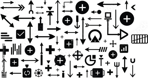 An assortment of black and white arrow and symbol icons clustered together