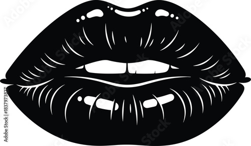 Black and White Silhouette Vector Illustration of Glossy, Sensual, and Seductive Female Lips with Bright Highlights and Teeth Showing Art.