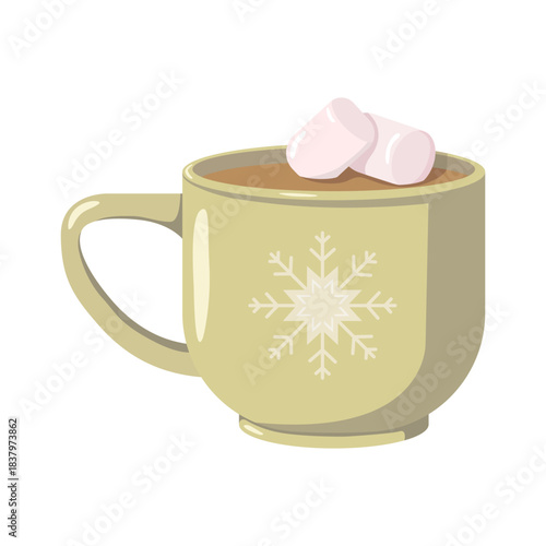 A cup of hot chocolate with pink marshmallows and a snowflake pattern. A cozy illustration in a cute cartoon style, perfect for Christmas, packaging, and holiday content