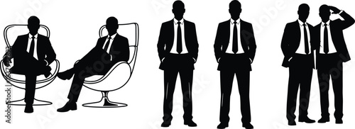 Black Silhouette Set of Businessmen in Suits and Ties Sitting in Modern Chairs or Standing Together for Corporate Teamwork Vector.