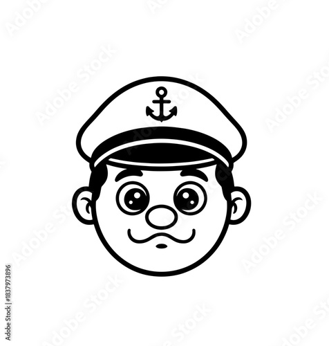 Vintage monochrome marine label with seaman in sailor captain. Bearded ship captain peaked cap for marine nautical logo design for sailor	