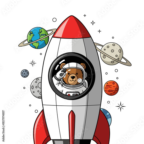 Cute teddy bear astronaut in a rocket exploring space.
