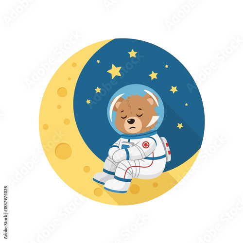Sad Astronaut Bear Sitting on Moon in Space.