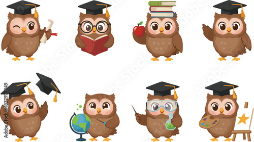 Cute Cartoon Owl Mascot Set Wearing Graduation Cap Glasses Holding Book Globe Diploma Stack of Books Apple Flask Paintbrush for School Education University College Science Art Study Concept