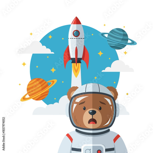Sad cartoon brown bear astronaut wearing a space suit.