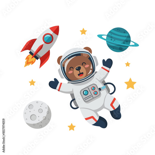 Cute Bear Astronaut Floating in Space with Rocket and Planets.