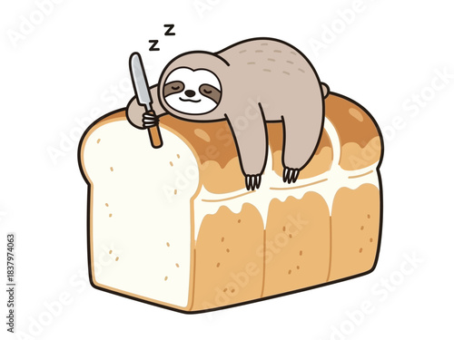 A cute cartoon sloth is sleeping on a loaf of white bread, holding a knife.