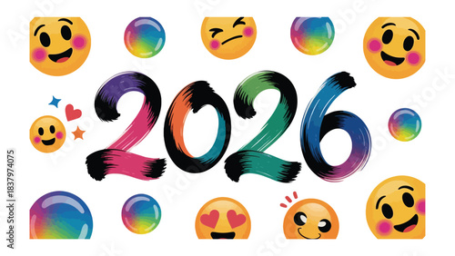Vivid Vision of 2026: A cheerful graphic with the numeral 2026, playfully accented by a cluster of emoji that embody joy and excitement for the year ahead. A fusion of colors, forms.