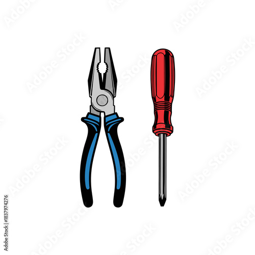 Illustration of a pair of blue-handled pliers and a red-handled screwdriver, common hand tools.