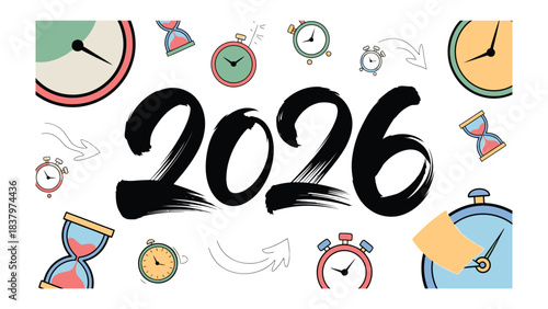 2026: A visually engaging composition featuring the prominent year 2026, artfully presented alongside a collection of clocks and hourglasses, conveying concepts of time, planning, and anticipation.