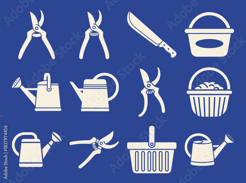 Bean Pod Tools Icons Solid filled icon set of bean pod tools machete pruning shears blue background