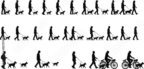 Collection of people walking dogs and riding bicycles with pets silhouettes set vector graphic illustration showing various outdoor leisure activities and exercise