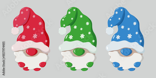 Three festive gnomes with white beards and tall floppy hats decorated with snowflakes. Red, green, and blue color variations. Cartoon-style illustration on light gray background. Cheerful winter chara