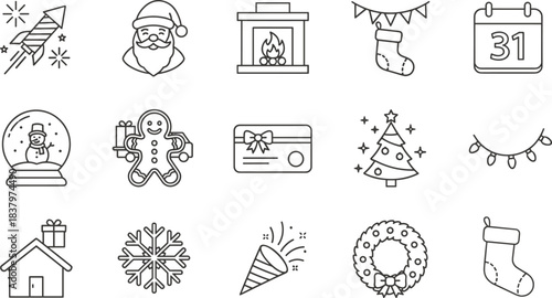 Christmas New Year icons, festive symbols, Santa, snow globe, fireworks, decorations, cad drawing flat vector illustration