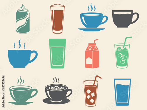 Breakfast Beverage Icons Solid filled icon set of toast and drinks coffee cup tea cup orange juice