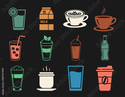 Hot drinks and beverages silhouette icon set solid style coffee tea and refreshment symbols for menu