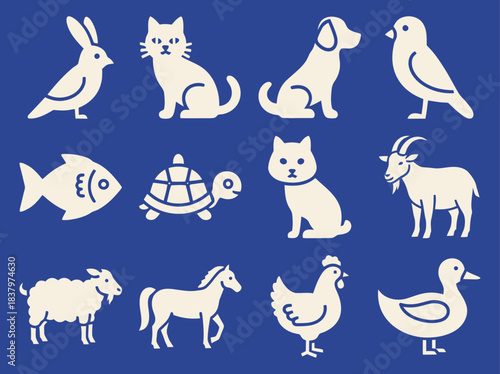 Farm Animal Icons Solid filled icon set of Cow bell and farm animals cow sheep goat blue background