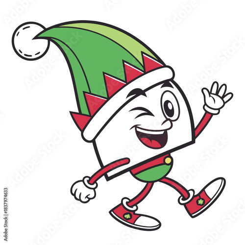 A cheerful cartoon character wearing a green and red elf hat, winking and waving, depicted in a festive and playful style.