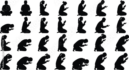 Diverse Muslim Praying Silhouettes Vector Set Depicting Various Worship Positions Including Sitting, Kneeling, Bowing, and Prostration for Spiritual, Religious, and Islamic Designs.