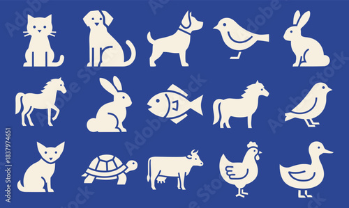 Animal Icon Grid Solid filled icon set of companion animals dog cat bird rabbit horse fish