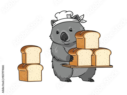 A cute cartoon wombat wearing a chef's hat and apron, holding a tray of freshly baked bread loaves.