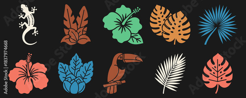 Tropical Flora and Fauna Icons Solid filled icon set of tropical flora and fauna toucan hibiscus flower