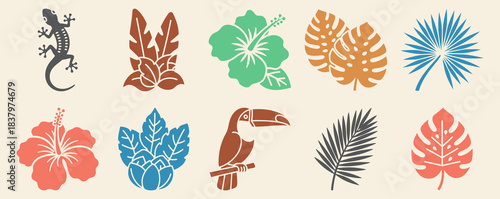 Tropical Flora and Fauna Icons Solid filled icon set of tropical flora and fauna toucan brown background