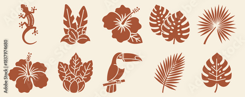 Tropical Flora and Fauna Icons Solid filled icon set of tropical flora and fauna toucan hibiscus flower