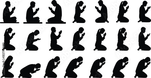 Diverse People Praying Silhouette Collection: Spiritual Devotion, Faith, Worship, and Meditation Poses, Kneeling or Sitting, Vector Illustration Set for Religious and Wellness Design Concepts.