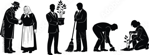 Community service and volunteering silhouettes set collection showing people planting trees sweeping floor helping elderly and engaging in outdoor work activities vector