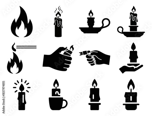 Candle Lighting Icons Solid filled icon set of lighting a candle match flame wick holder lighter