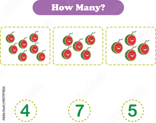 Counting game of fruits for preschool kids. Counting fruits. Printable. Vector Illustration