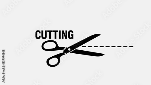 Scissors Cutting Icon – Dashed Line Trim Symbol with Text